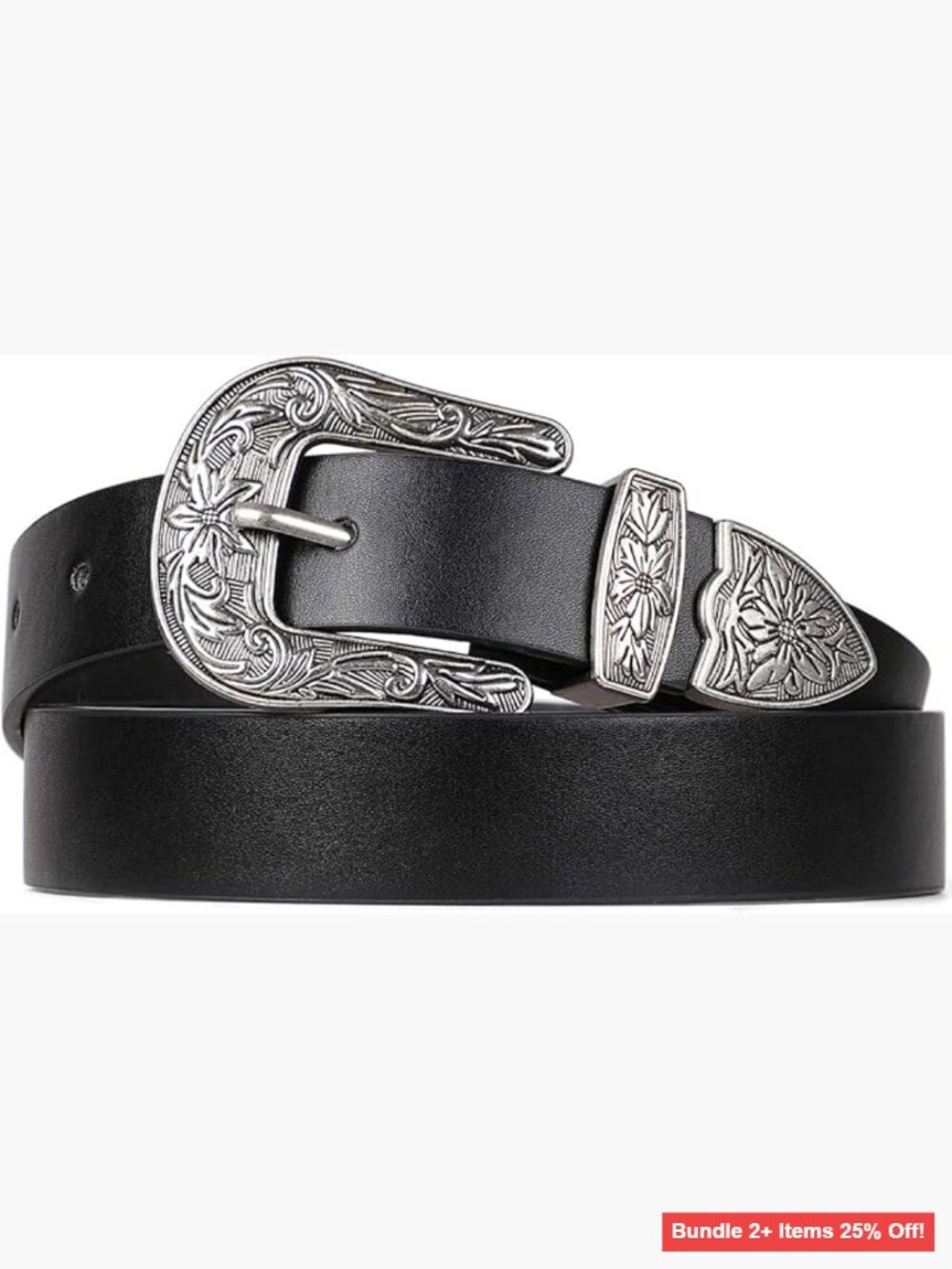 Vintage Western Belt for Women, PU Leather, Floral Carved Buckle, Adjustable